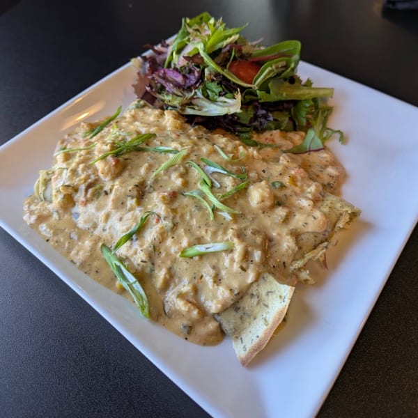 Creamy chicken and dumplings with green onions and a side salad on a white plate.