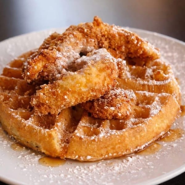 Golden-brown chicken and waffles, dusted with powdered sugar and drizzled with syrup, on a white plate.